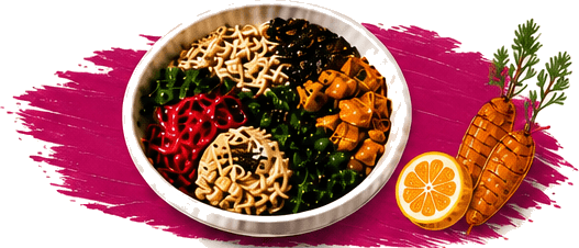 Bowl colorido com folhas, grãos e macarrão sobre uma pincelada magenta