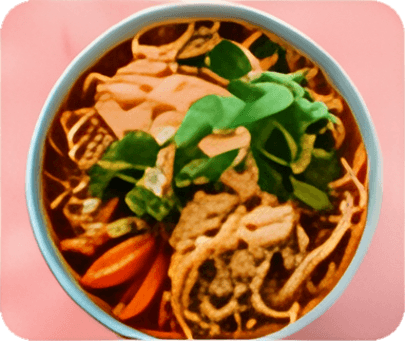 Bowl de macarrão com legumes e folhas frescas visto de cima