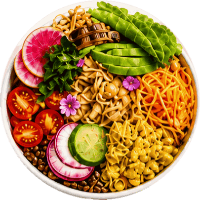 Bowl colorido com folhas, legumes, tomate e macarrão