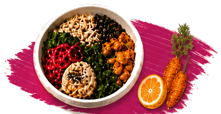 Bowl colorido com grão-de-bico, folhas e laranja sobre uma pincelada magenta